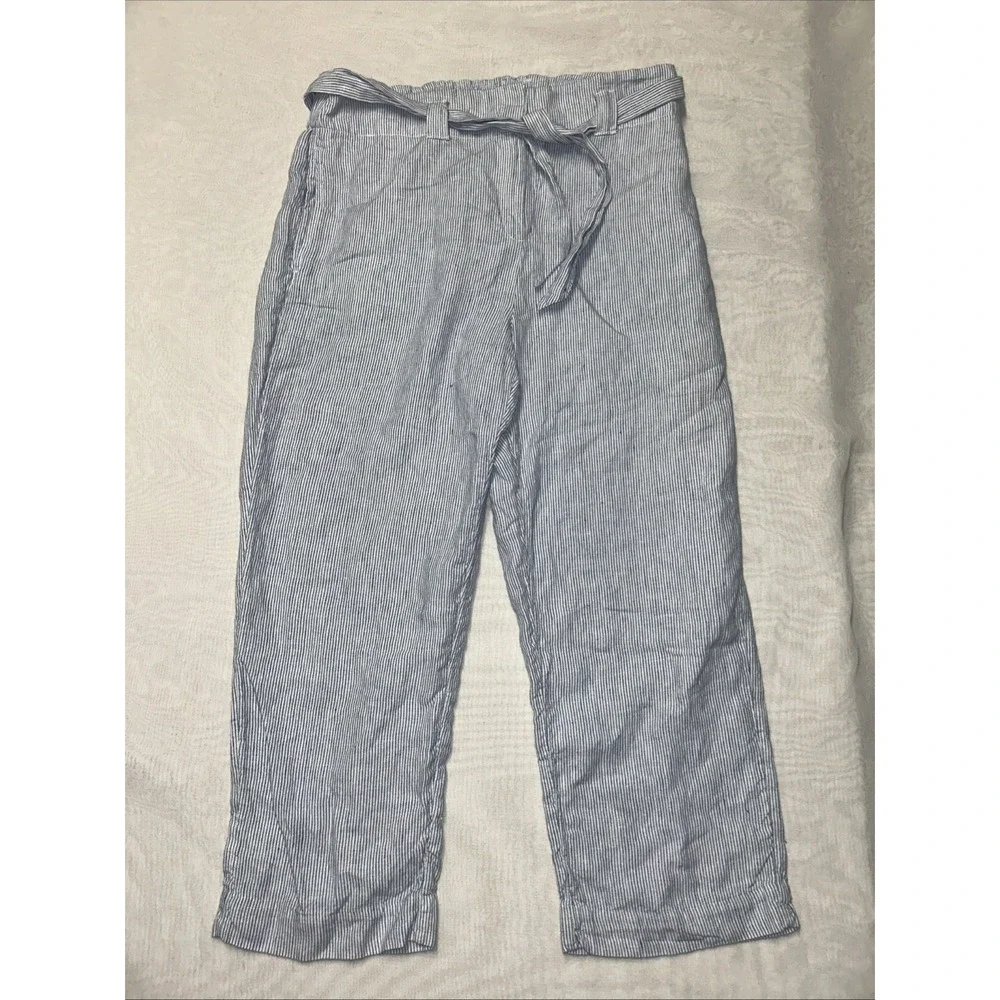 Chicos Linen Crop Belted Pants Size 1.5 US 10 Blue White Stripe Straight Leg